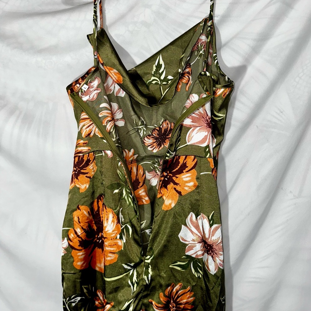 Olive Green Floral Midi Dress with Slit - Picture 4 of 7